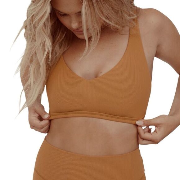 Aerie Offline Caramel Ribbed Plunge Sports Bra - Picture 1 of 8